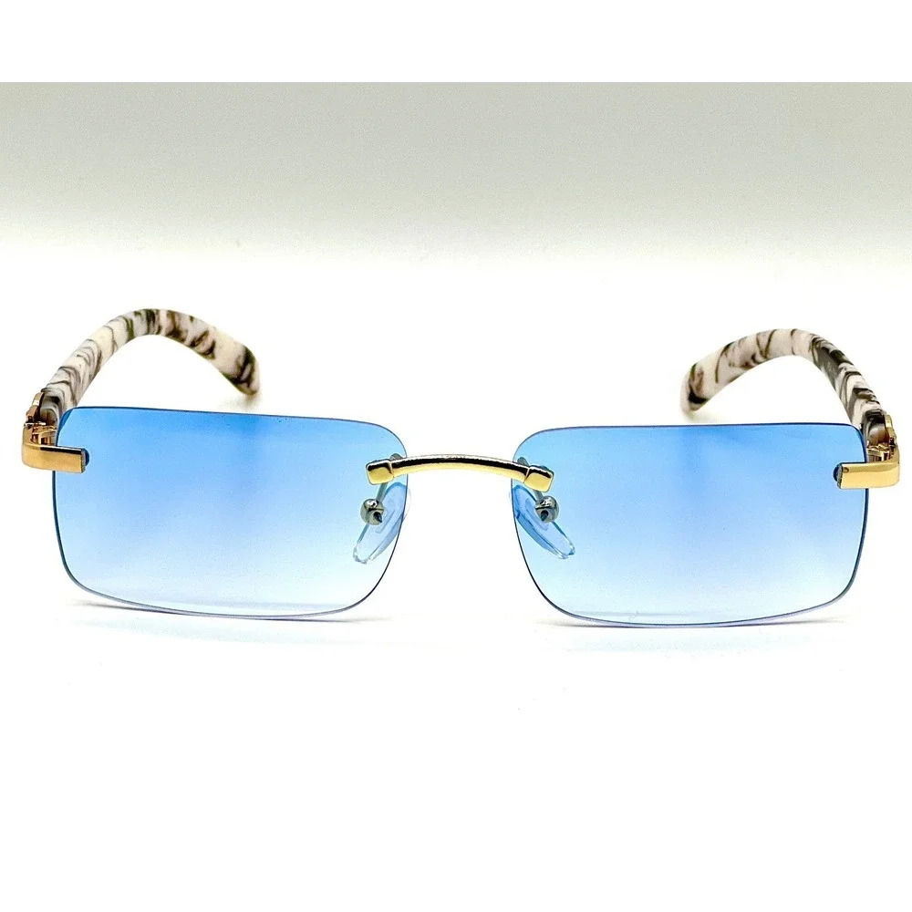 Classic Sunglasses Elegant Modern Sophisticated Rimless Gold Frame Blue Lens New